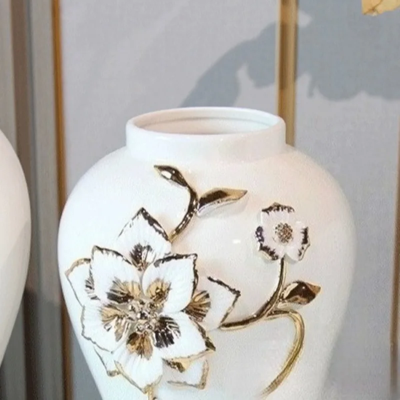 Ceramic Vases Sealed Lidded large Three-dimensional Embossed Flowers Ornament Vases Creative Luxury Living Room Decoration