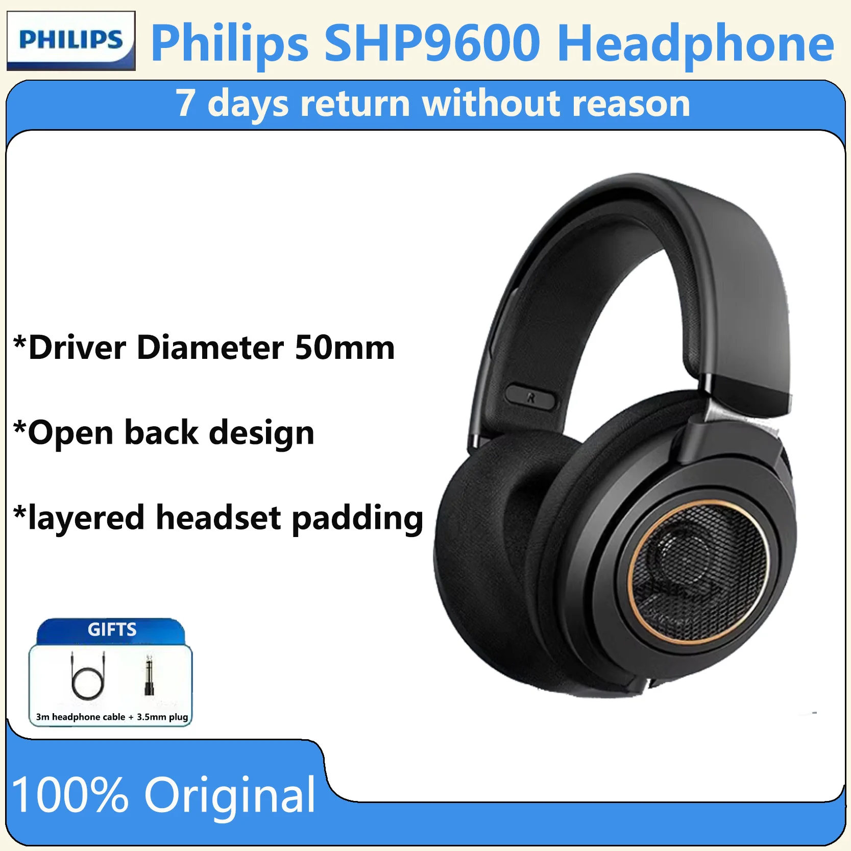 Original Philips SHP9600 headphones, wired HIFI headphones for gaming PCs, open-frame, tri-band equalized, SHP9500 upgraded