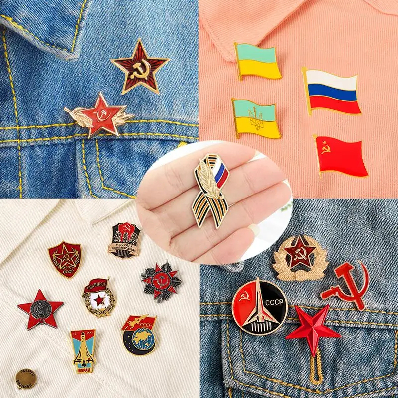 Broche de bandera rusa, insignia de cinta con símbolo de la URSS, insignia de patriotismo, estrella roja, Día de la victoria, alfileres de solapa, mochila con icono