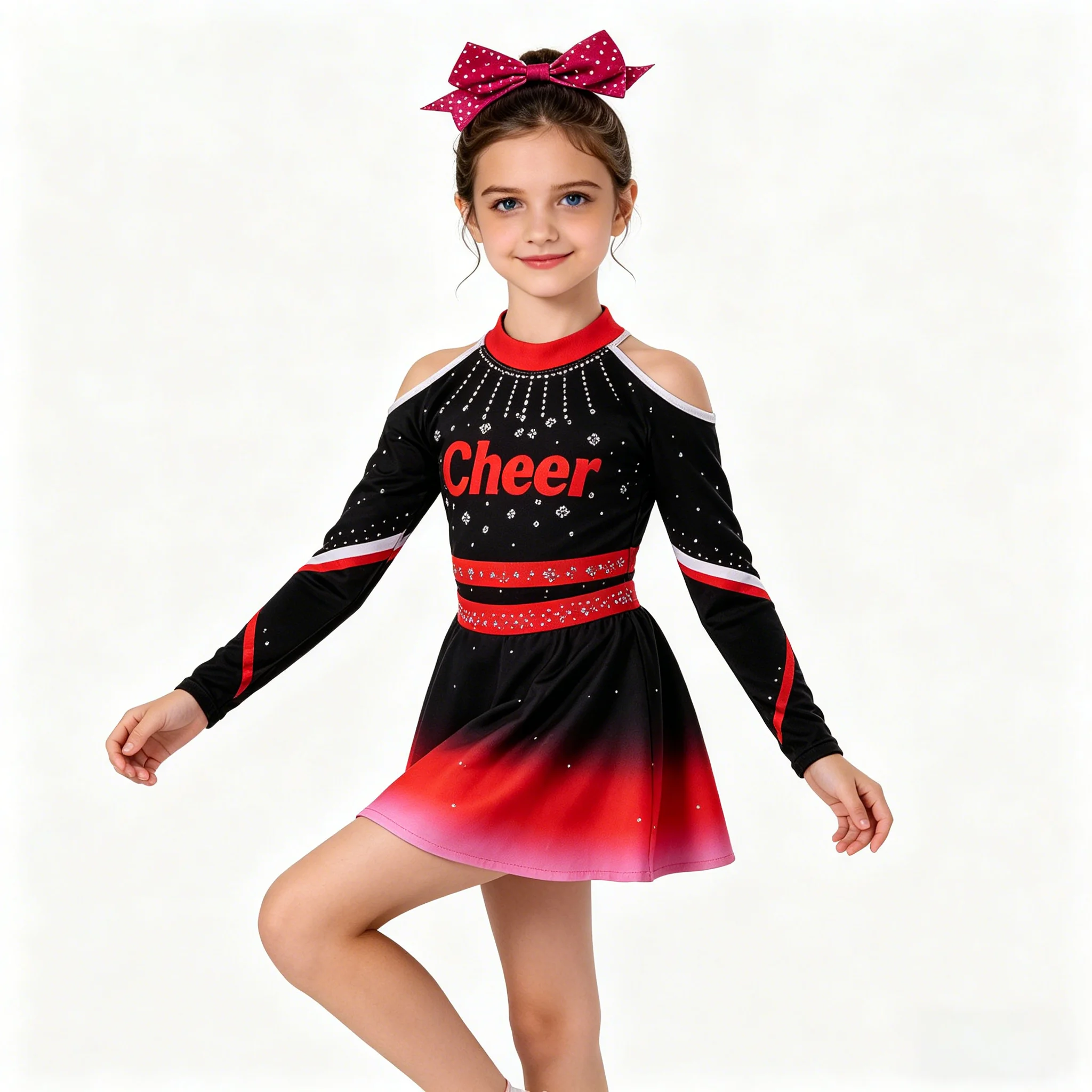 

Kids Cheerleader Outfit Rhinestone Gradient Cold Shoulder Long Sleeve Cheerleading Costume Girls Cheer Uniform Dance Competition