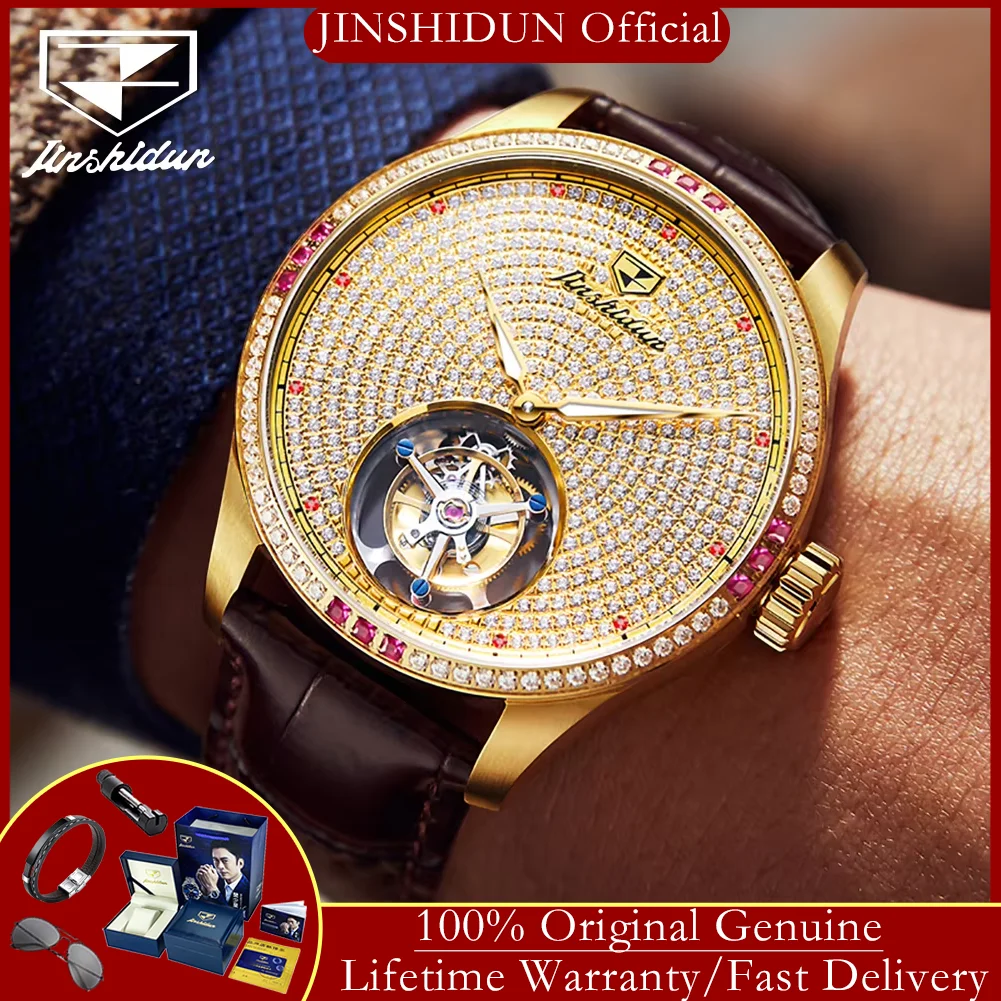 JSDUN Tourbillon Automatic Mechanical Watch for Men Original Skeleton Flywheel Men's Watches Fully Diamond Luxury Man Watch 832