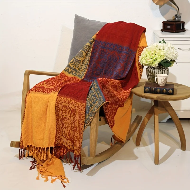 

1pc 220cm X 260cm Boho Throw Blanket Nap Blanket Sofa Towel Casual Jacquard Chenille Tassel Blanket Bedspread Christmas Gift