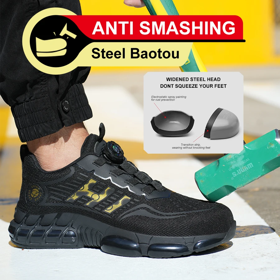 

2024 Men Safety Shoes Rotating Button Anti Smash Puncture Steel Toe Breathable Light Safety Work Boots Security Protective Shoes