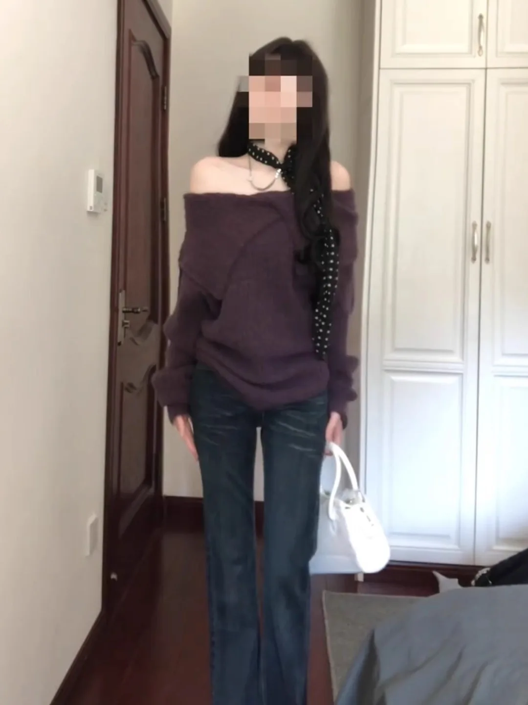 

Pure Purple One-oulder Long Sve Knitted Sweater Women's Autumn Winter Design Sense Lazy Sle Unique Exposure Top