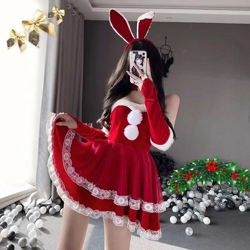 

Sexy Christmas Lingerie Women See Through Bodysuit Open Bra Tights Erotic Anime Cosplay Hollow Costumes Crotchless Jumpsuit