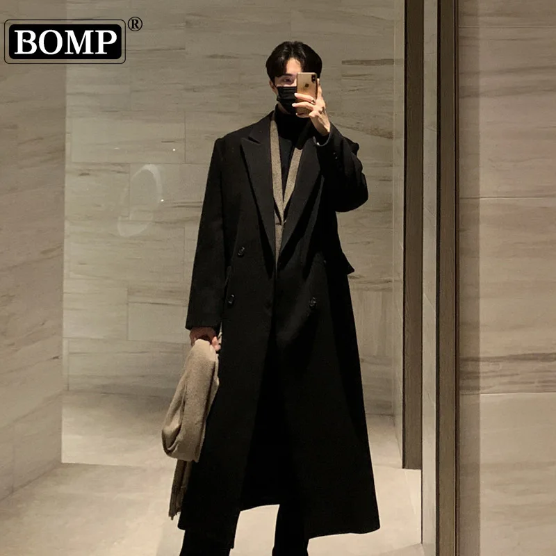 

[bomp] Double Breasted Coat, Men's Black Thickened Woolen Jacket, Autumn Winter New High-end Feeling, Loose Long