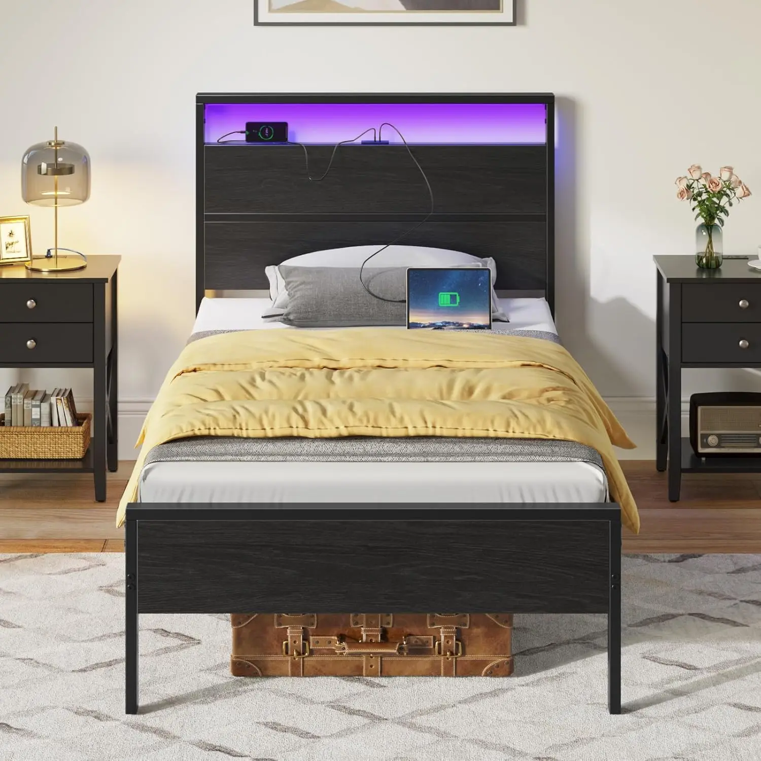 Bed Frame with Charging Station, Twin Bed with LED Lights Headboard, Metal Platform, Strong Metal Slats, 10.2” Under Bed Storage