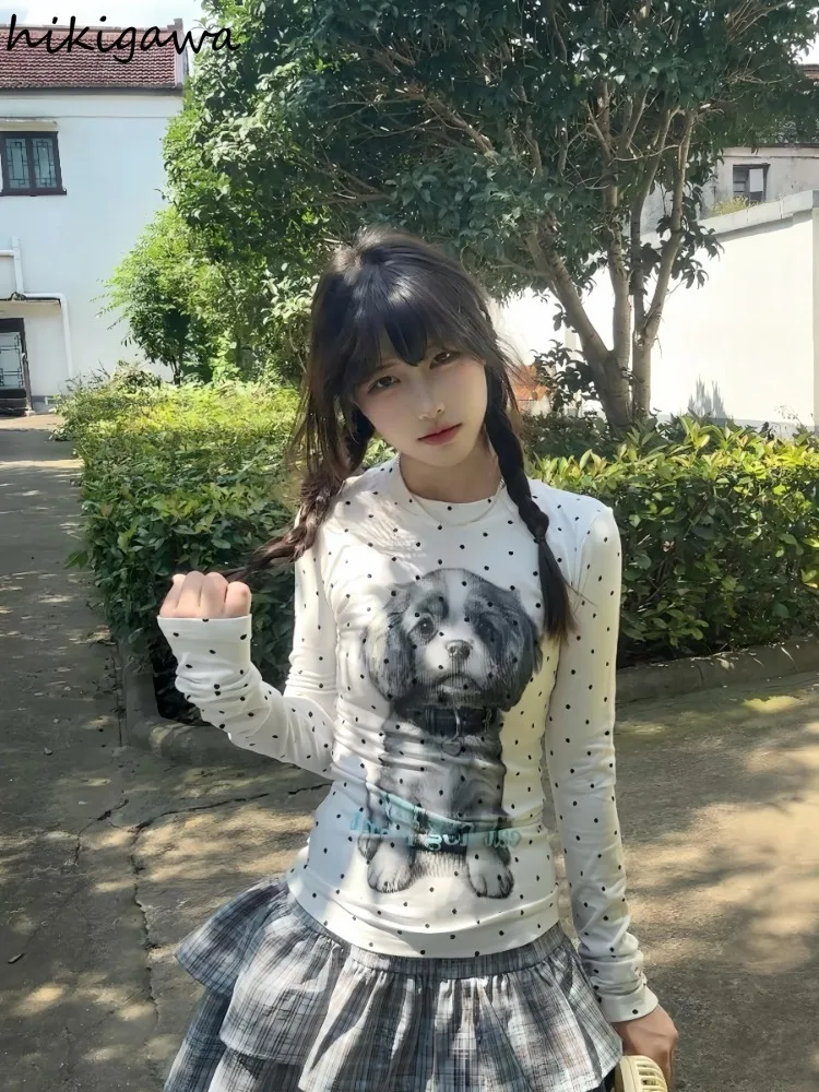

Polka Dot Cat Woman Tshirts O-neck Long Sleeve Tunic Camisetas Cute Camisetas Fashion Casual Korean T-shirts 2025 Ropa Mujer