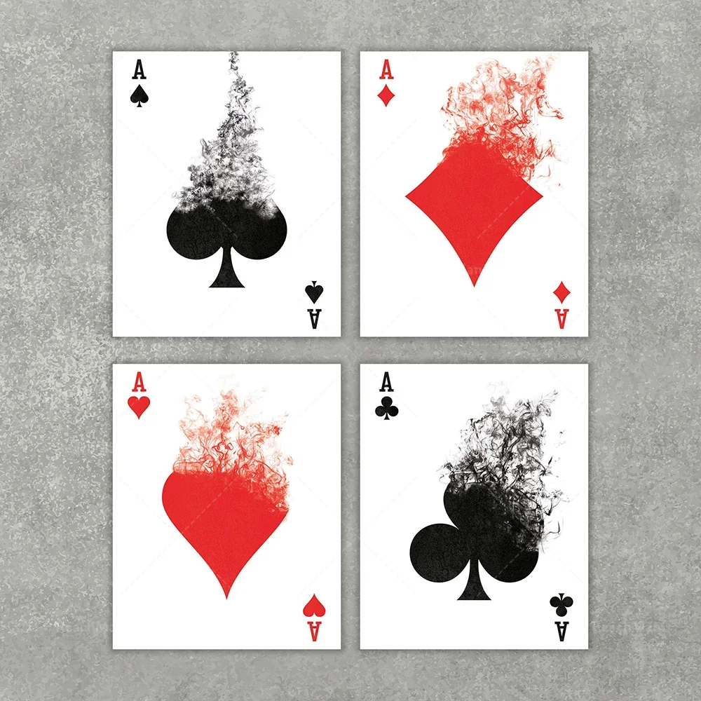 A set of four a, playing card wall decoration, smoke artwork, poker artwork poster