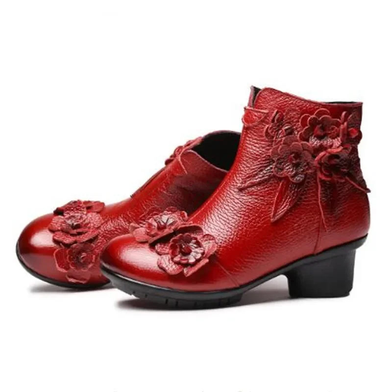 TIMETANGVintage Flower Ankle Boots Women Shoes Genuine Leather Boots For Women Casual Zipper Winter Shoes Woman Retro BotasMujer