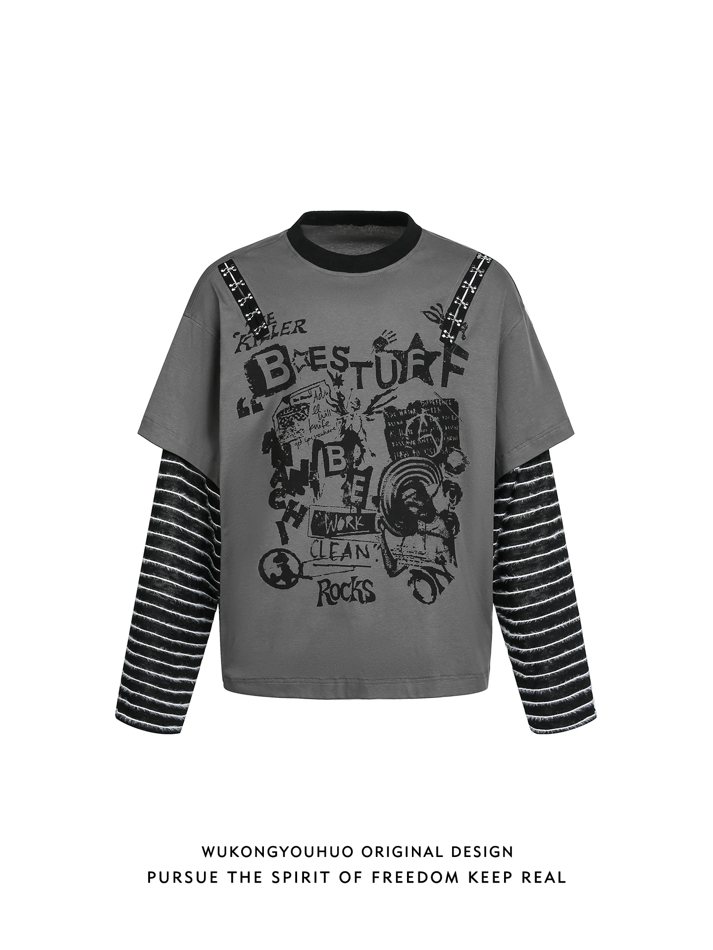 

Spring American Retro Striped Long Sve T-irt Loose Fit Men's Patchwork Top Youth Trendy Cotton Polyester Blend Tee