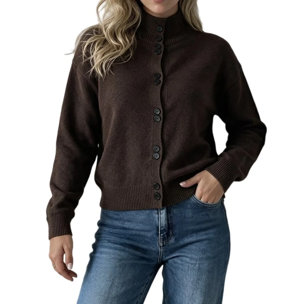 Women's Loose-Fit Knitted Sweater with Half-Turtleneck Collar and Button-Down Front for Summer Vacation Beach or Cycling Outfits