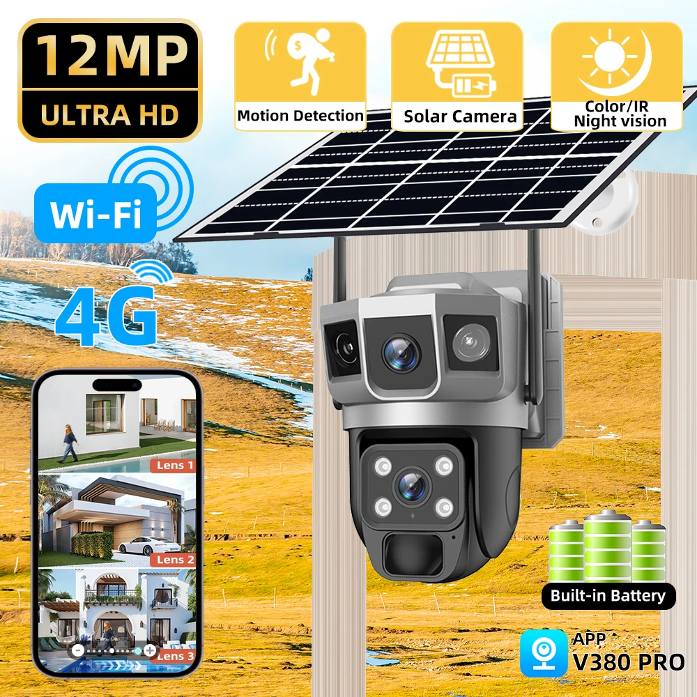 V380 Pro 6K 12MP 2 Lens 4G Solar CCTV Camera Outdoor PTZ Auto Tracking WIFI Wireless Security Home Surveillance