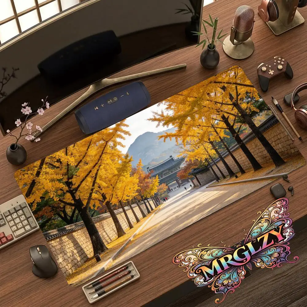 Golden Ginkgo Tree Street Table Mat Non Slip Rubber Base Large Size For Warm Office Decor