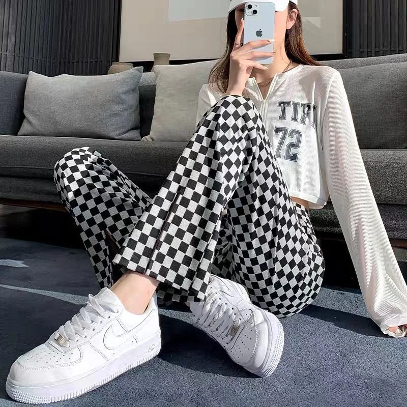 Clothing Casual Womens Pants Loose Trousers Woman Plaid High Waist Trends 2024 Baggy Nylon Elastic With Elegant Classy Aesthetic