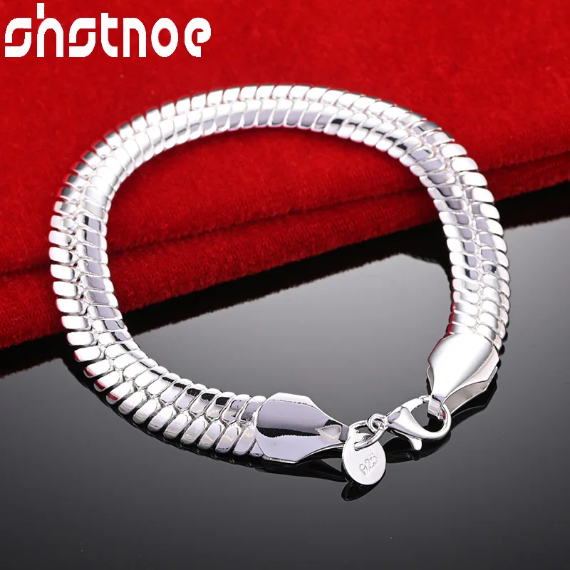 SHSTONE 925 Sterling Silver Men 10mm Flat Side Chain Bracelets For Woman Wedding Engagement Christmas Gift Party Fashion Jewelry