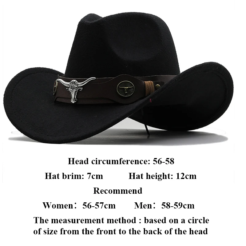 New Western Hat Men Women Cowboy Style Leather Hats Wool Chapeu Western Gentleman South States  Jazz Cap Cowgirl Hats Cow Band