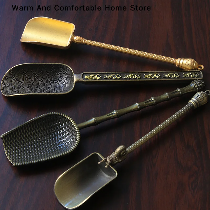 【SE】1PC Spoon Shovel Shaped Teaspoons Retro Chinese Style Tea Accessories Copper Sugar Spoons