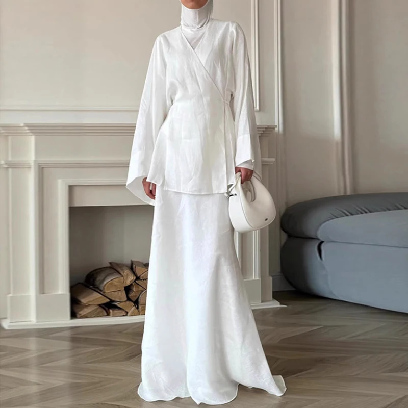 แฟชั่นสบายๆสีทึบ 2 ชิ้นชุด Elegant V คอ Lace Up Cardigans และกระโปรงครึ่งชุดฤดูร้อนหลวมผู้หญิงชุด