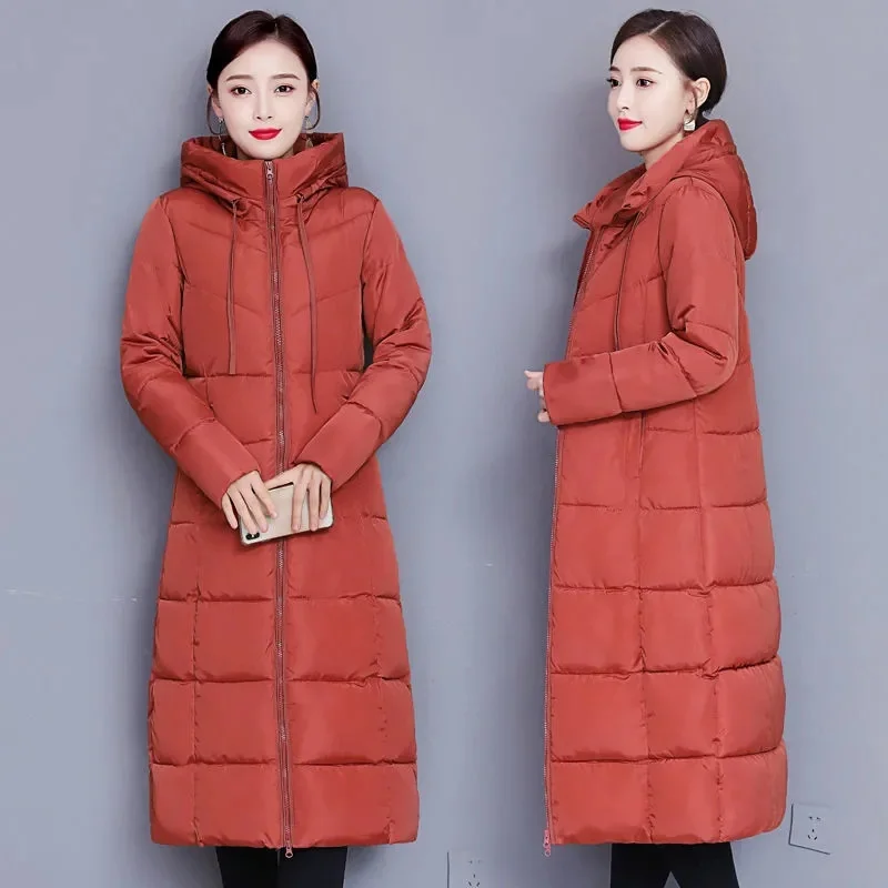 New Women's Long Down Cotton Coat Horn Buckle Winter Thick Warm Padded Jacket Female Korean Casual Hooded Parker Cotton Clothes