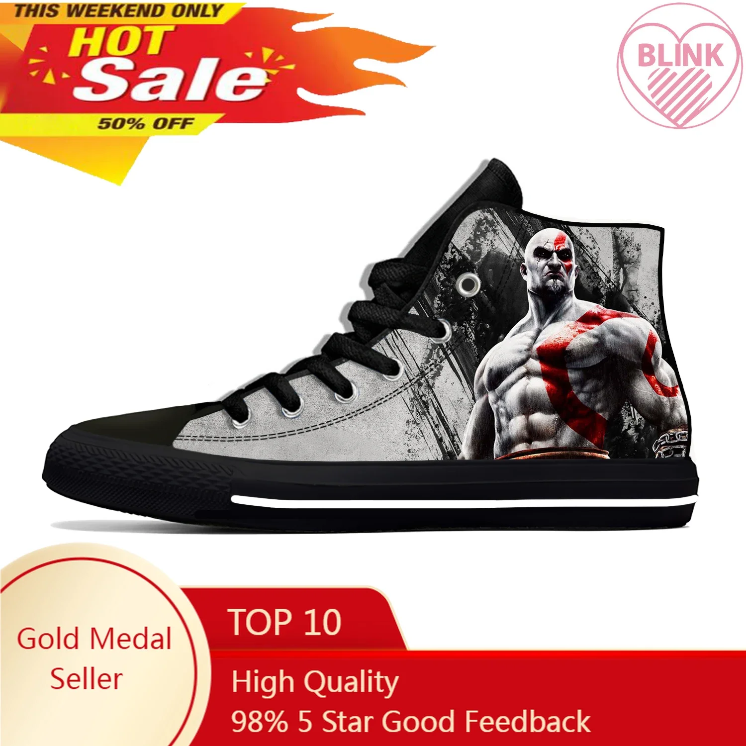 Kartun Anime God of War Kratos permainan keren kasual modis sepatu kain atasan tinggi ringan bersirkulasi 3D cetak Sneakers Pria Wanita