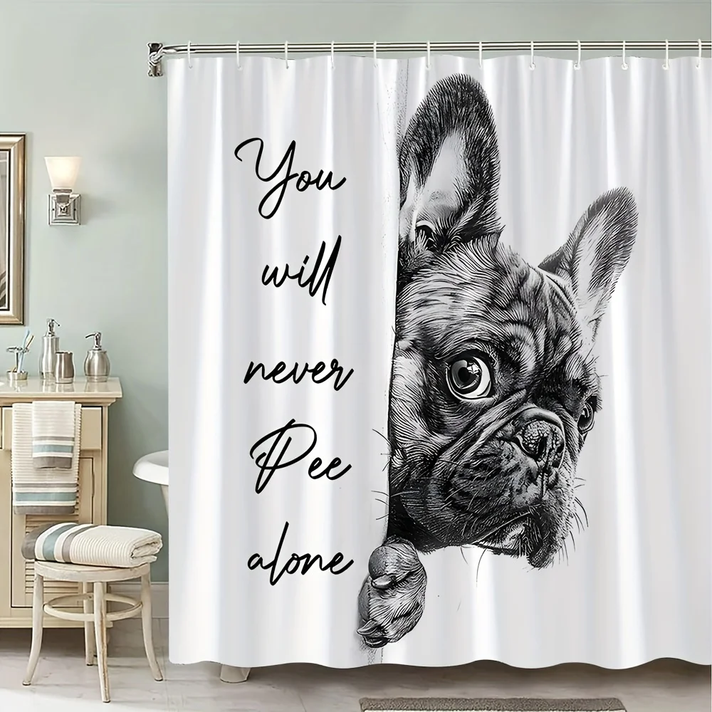 

French Bulldog Peek-a-Boo Shower Curtain, "You Will Never Pee Alone" Humor Art, Waterproof Polyester, Pet Lover Bathroom Decor