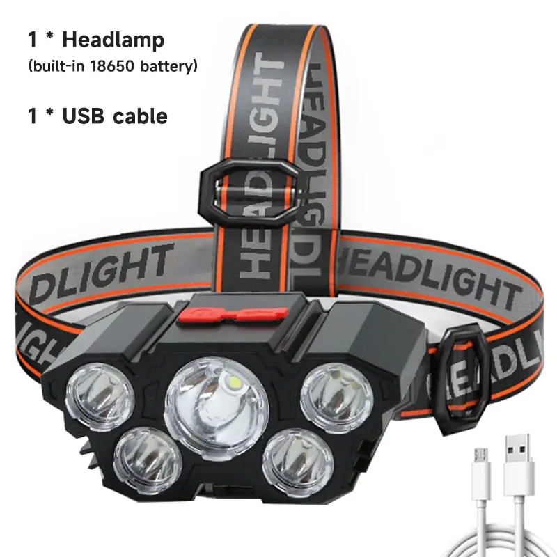 Super Bright 5 LED USB Rechargeable Headlamp 18650 Built-in Battery Headlight Portable Head Flashlight Night Run Fishing Lantern