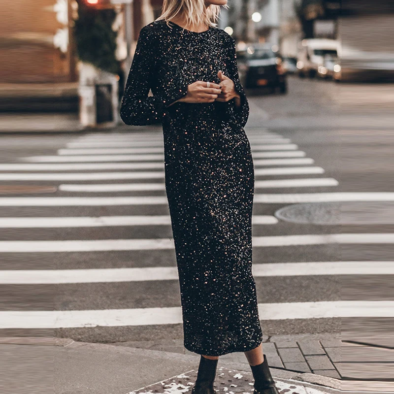 Elegant Sequins Glitter Party Dress Formal Occasion Women O-Neck Hollow  Backless Shinny Dress Chic Winter Long Sleeve Long Dress - AliExpress