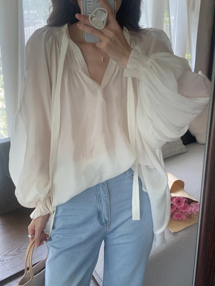 

Ele Long Sve irt Women's Autumn Loose Pleated Bloomer Sve V-ne Chic Top Korean Sle Commute Loose Fit irt