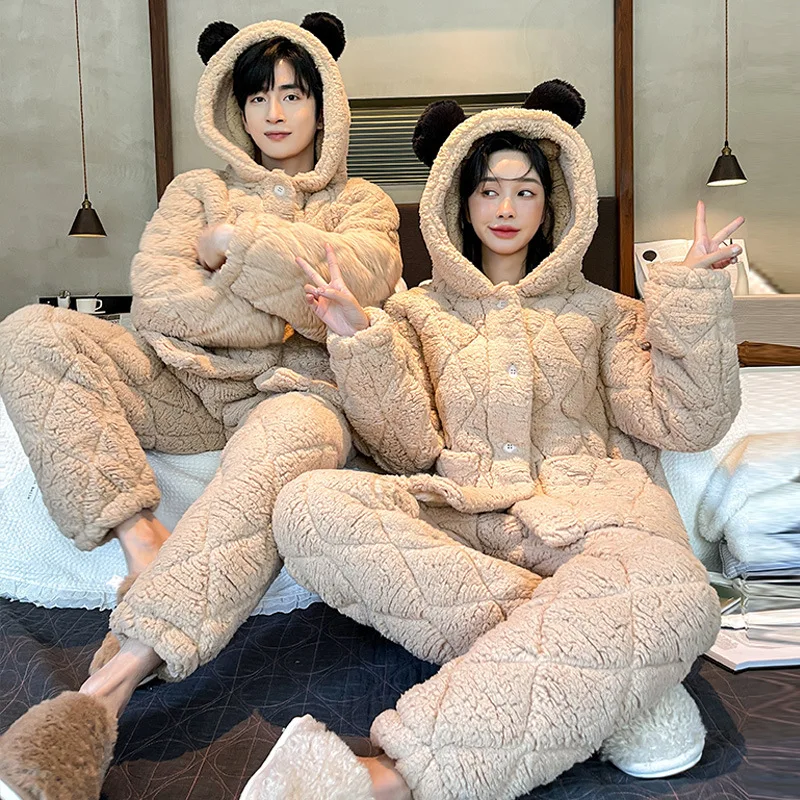 

Winter Lover Pajamas Set Sleepwear Thickened Lamb Fleece Nightwear Pijamas Suit Loose Cotton-Padded Flannel Homewear Lounge Wear