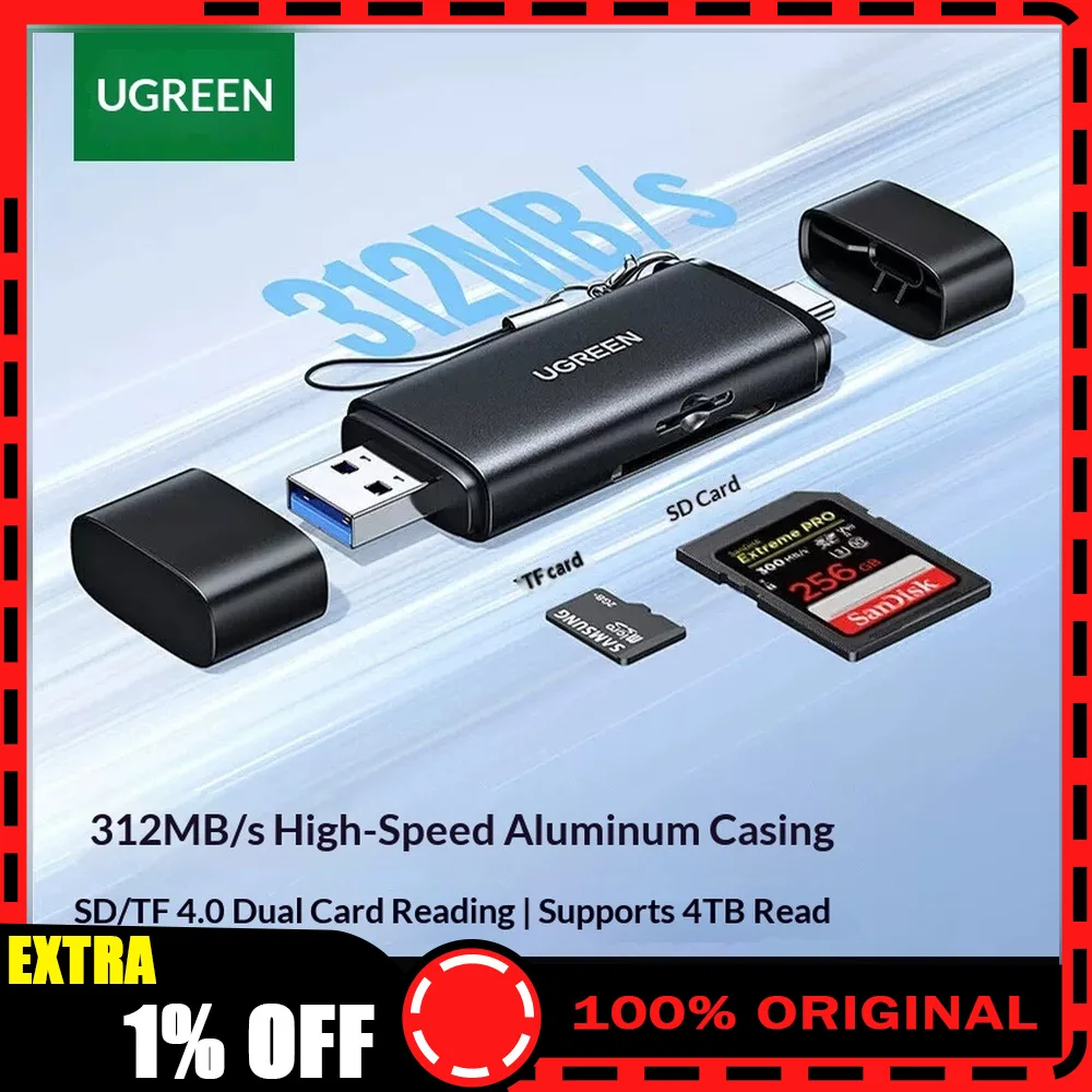 UGREEN CM803 65024 USB C USB A SD TF Card Reader 312MBps Dual Slot Adapter for Laptop Phone Camera
