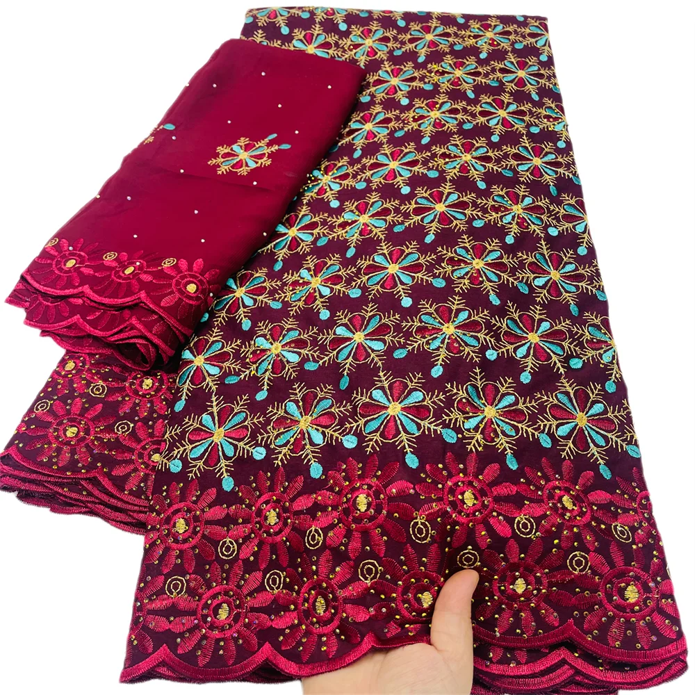 Fashion African 100% Cotton Swiss Voile Lace Fabrics High Quality Dubai Style Embroidery Lace With Stones For Party 5+2 Yards 65
