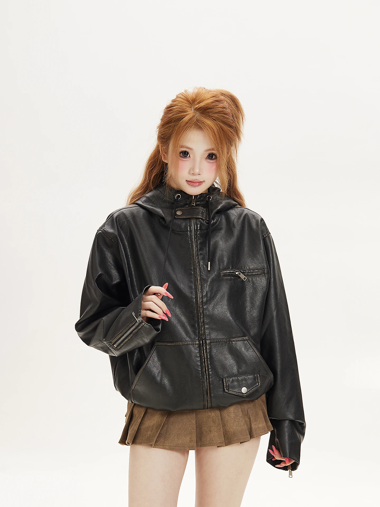 Black Short Hooded PU Leather Jacket Women's Loose Fit Moto Style Autumn Outerwear Ant American Retro Design Cool Silhouette