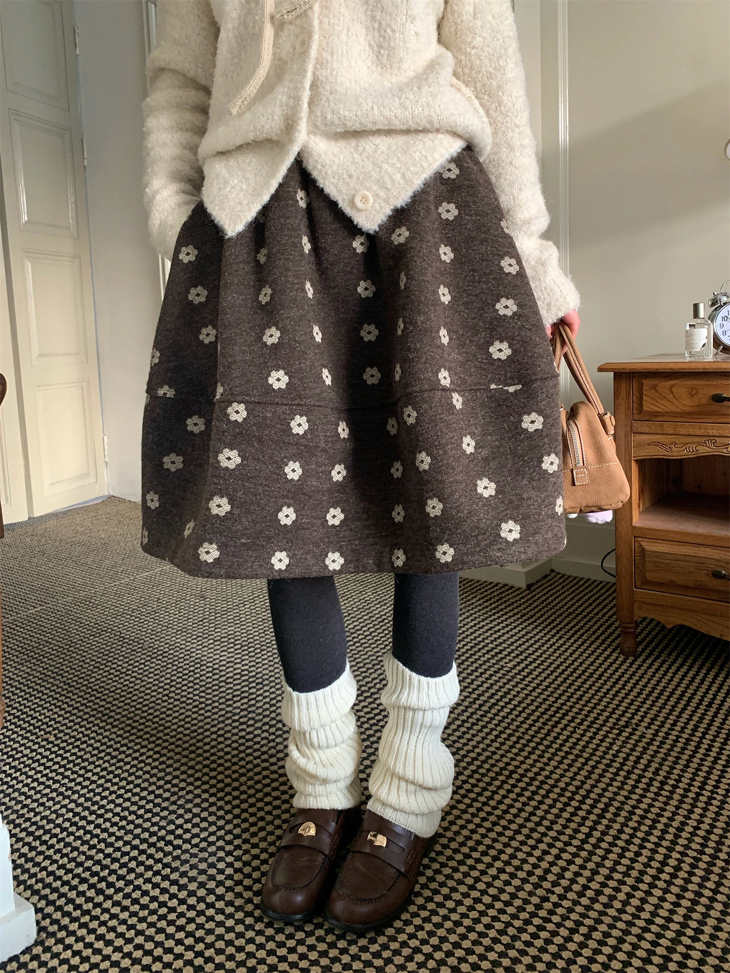 

Retro Korean Floral Print Woolen Puffy Skirt Women's Winter A-Line Flower Bud ort Skirt Ci Commute Polyester Fiber