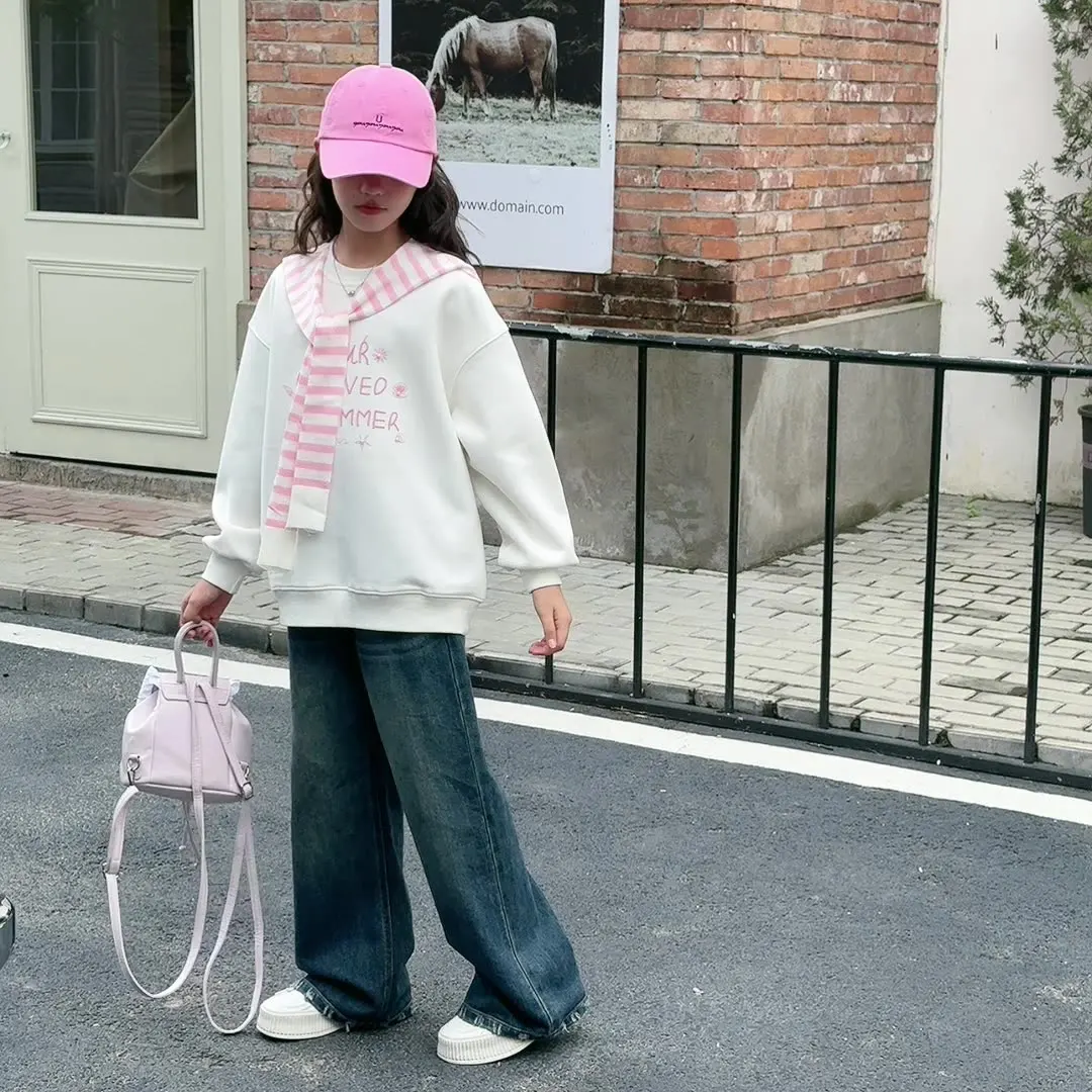 

Kawaii Girl Fashion Shawl Pullover Tops Jeans Set Student Autumn Casual Sweatshirt Wide Leg Pants 2-Piece Set Children Clothing