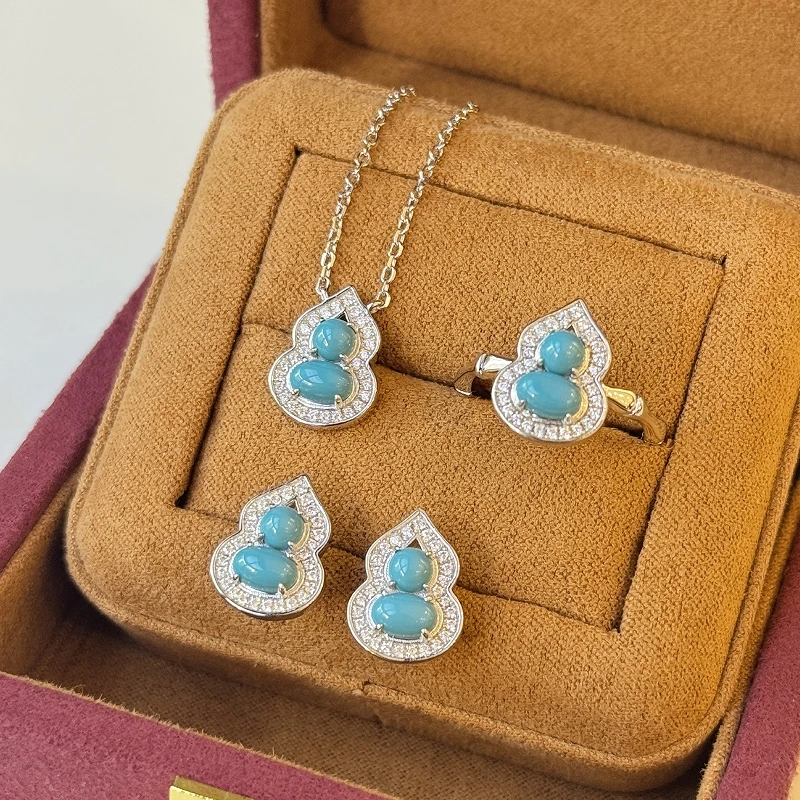 S925 sterling silver turquoise gourd earrings, necklace, and ring three-piece set with high-end surrounding inlay