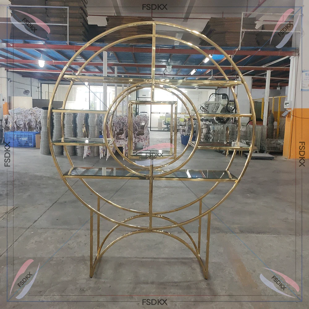 Modern Design Shiny Golden Stainless Steel Frame Wedding Event Party Decoration Backdrop Glass Bar Shelf