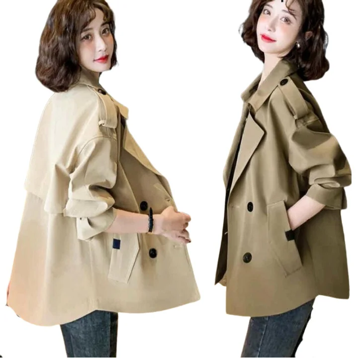 Frühling Herbst Frauen kurze Trench jacke lässig Schulter Abzeichen Revers Anzug Kragen dünne Stil Outwear