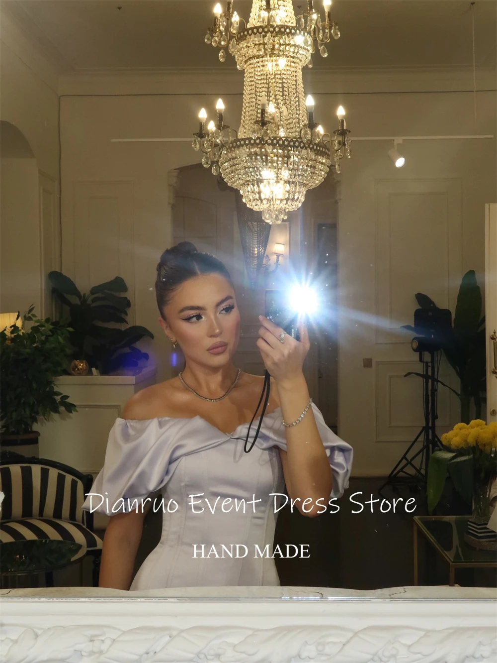 فستان Dianruo بأكمام منتفخة للحفلات الراقصة فستان قصير غير متماثل لحفلات العودة للوطن من الساتان بدون أكتاف فيستدوس دي بودا بارا فييستاس مخصص #6