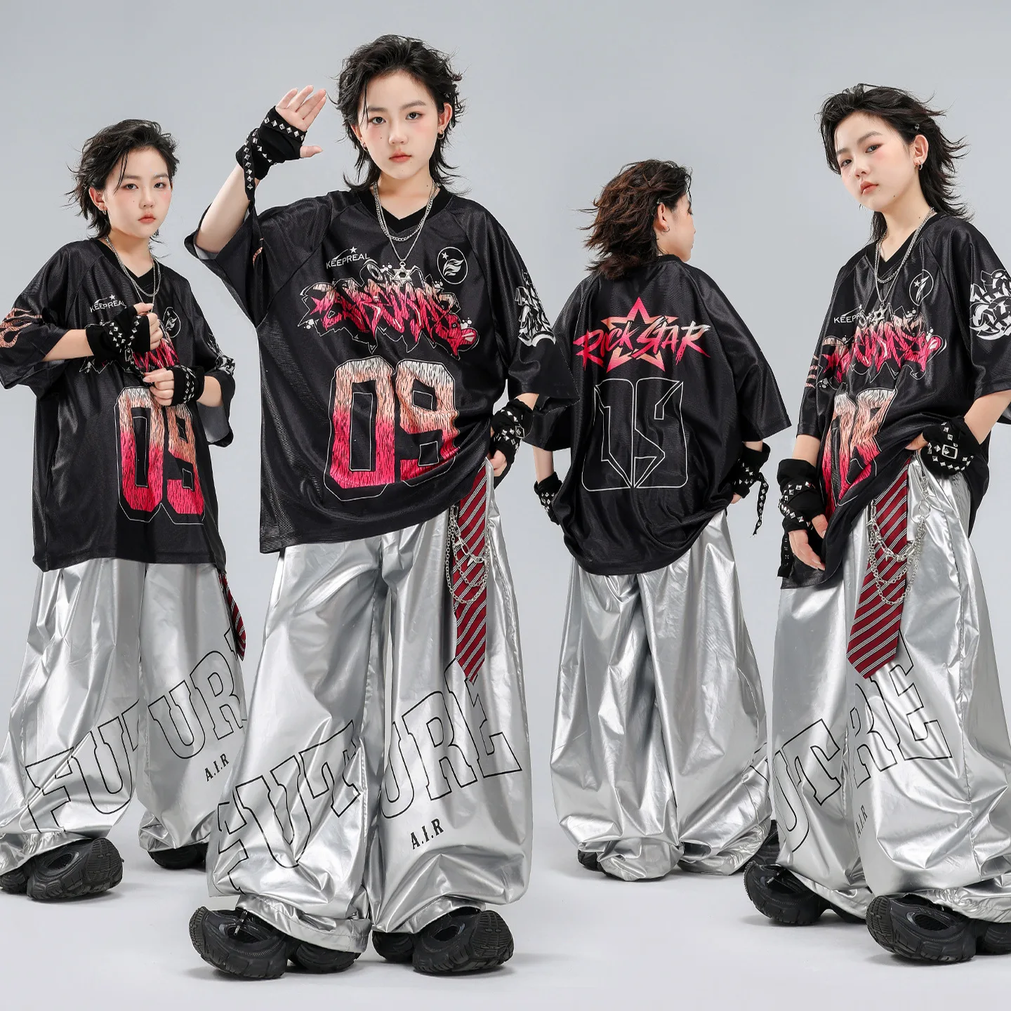 Boys Girls Kids Streetwear Hip Hop Costumes Gradient Black Top Silver Wide Leg Pants For Kids Dance Performance Stage Outfits