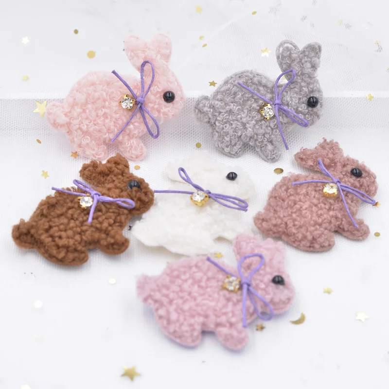 6Pcs Teddy Plush Padded Patches Kawaii Rabbit with Bow Rhinestone Appliques for Clothes Leggings Crafts DIY Hairpin Decor