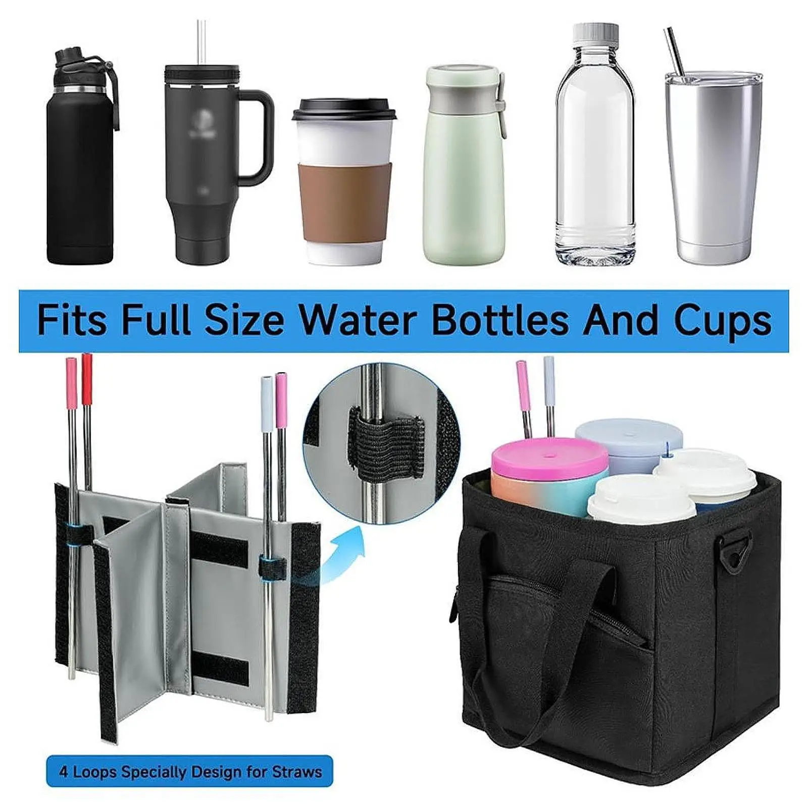 Drink Carrier Bag Insulated Water Bottle Holder Waterproof Portable with Front Pocket for Car Delivery Family Outings Hiking