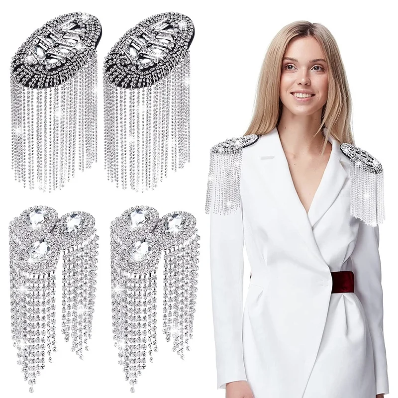 4 Pieces Crystal Fringe Epaulets Fringe Shoulder Jewelry Rhinestone Plate Epaulets Clothing Decor Silver