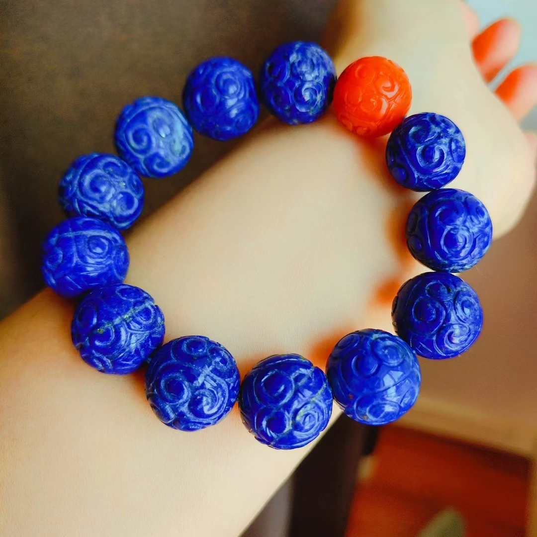 Natural Blue Lapis Lazuli Carved Bracelet Women Men 16mm Round Beads Lapis Lazuli Red Agate Jewelry AAAAAA