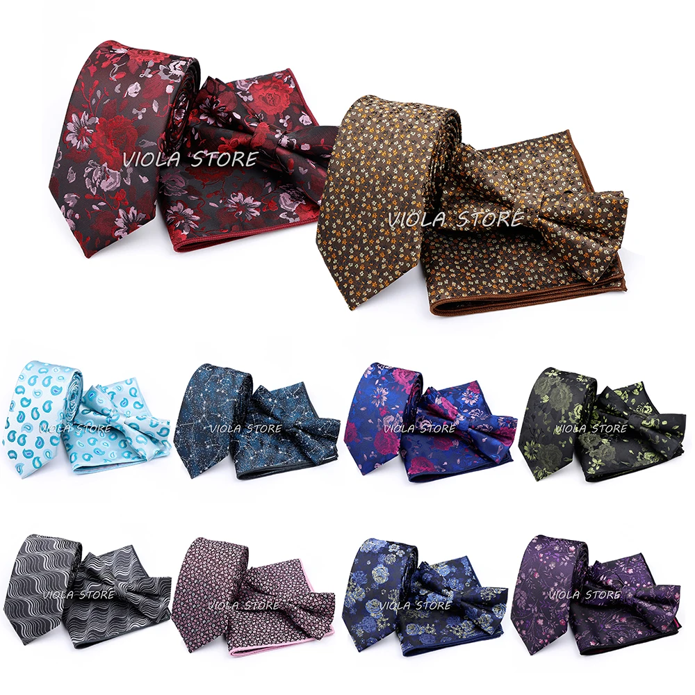 

Hot 3 PCS Polyester 7cm Tie Set Constellation Floral Paisley Bowtie Hanky Wedding Party Business Suit Cravat Men Gift Accessory