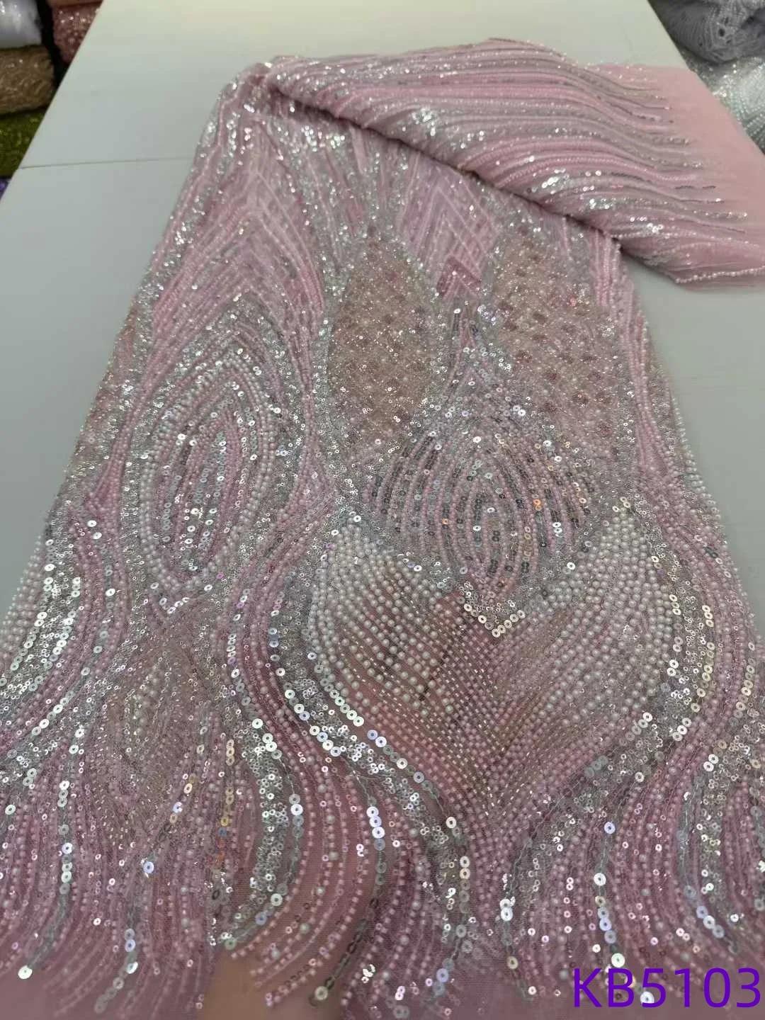 

5 Yards Beaded French Mesh With Sequence African Fabric Lace High Quality 2025 Gold Beaded Embroidery Fabric For Sewing KB5103