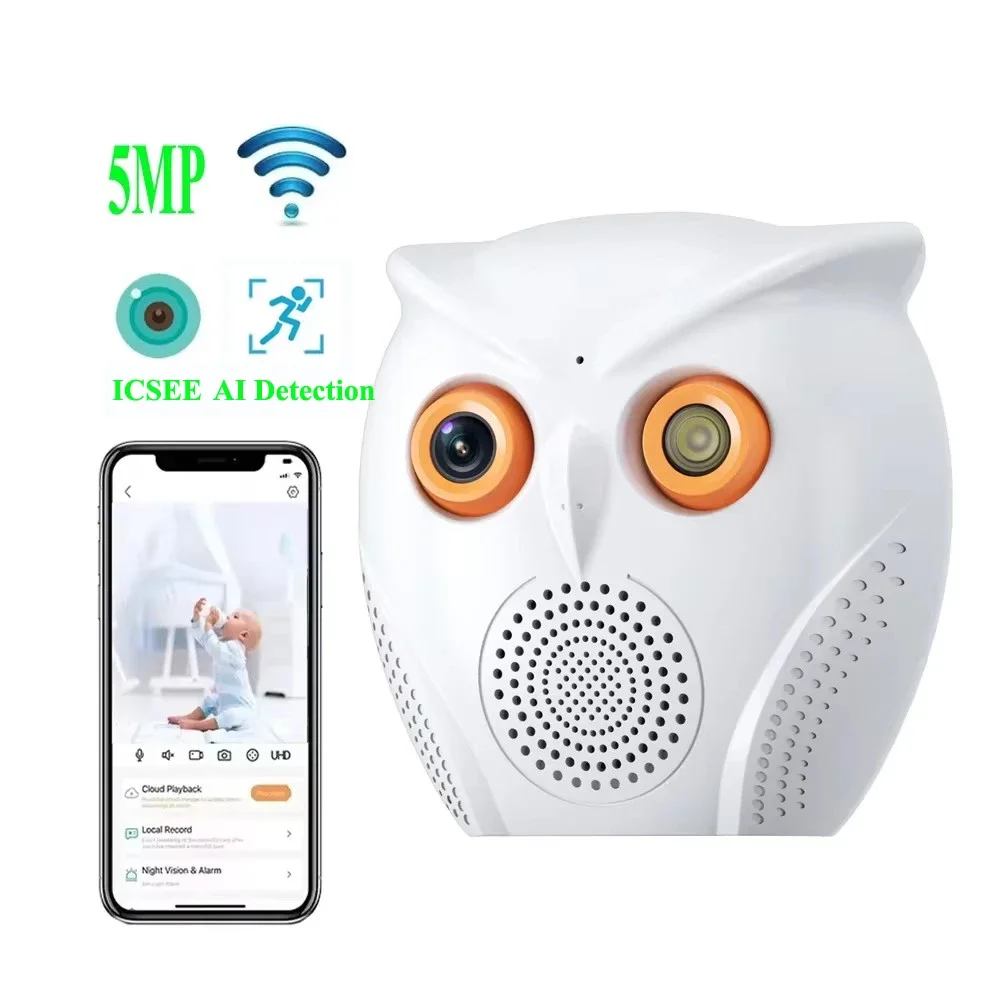 

ICSEE Owl Design WiFi Camera 2K 5MP Motion Detection Mini Indoor Camera Color Night Vision Two Way Audio Security Camera System