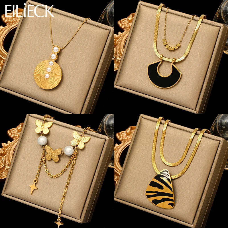 EILIECK 316L Stainless Steel Geometric Butterfly Tiger Print Necklace For Women Fashion Neck Chain Waterproof Jewelry Gift