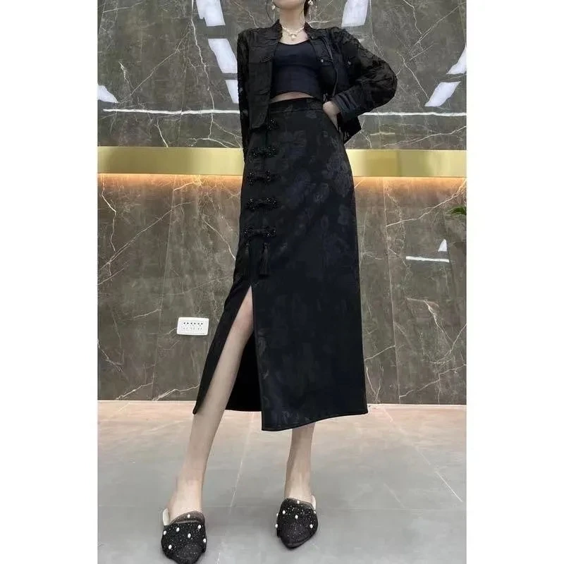 Chinese Style Vintage Mid-Length Skirt Female Spring Summer Fashion Elegant Skirts High Waist Slit Women Clothing Green Black