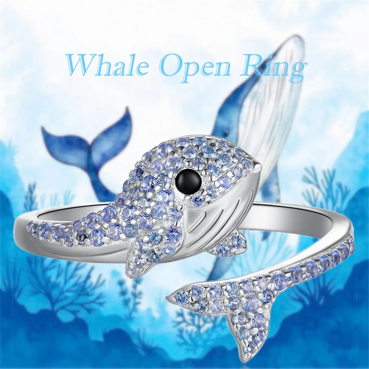 Lindo anillo abierto de ballena de criatura de mar azul delicado, todo el día, anillo personalizado para damas, joyería de vacaciones de verano, regalos de amor